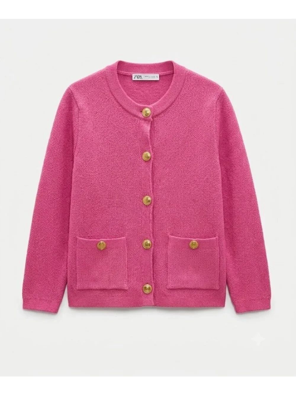 Zara Womens Sweater Medium Pink Gold Buttons Cardigan Knit Stretch 6427/054 NWT